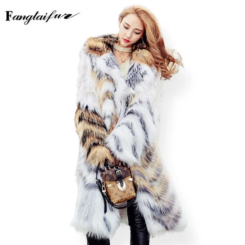 

Ftangaiur Winter Women Weave Import Fox Fur Coat Long Sleeve Turn-Down Collar Slim Women's Real X-Long Fox Fur Coats