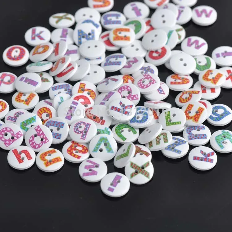 2014 NEW Wholesale 100pcs 15mm Wood alphabet / letter Painting Sewing Buttons Scrapbooking Round 2 Holes Mixed YX002