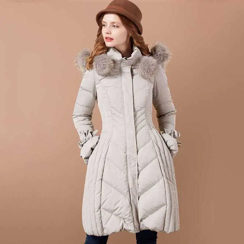 ARTKA 2018 Winter New Women 90% White Duck Down Detectable Fox Fur Pompoms A-line Bandage Thin Long Down Jacket  ZK10173D