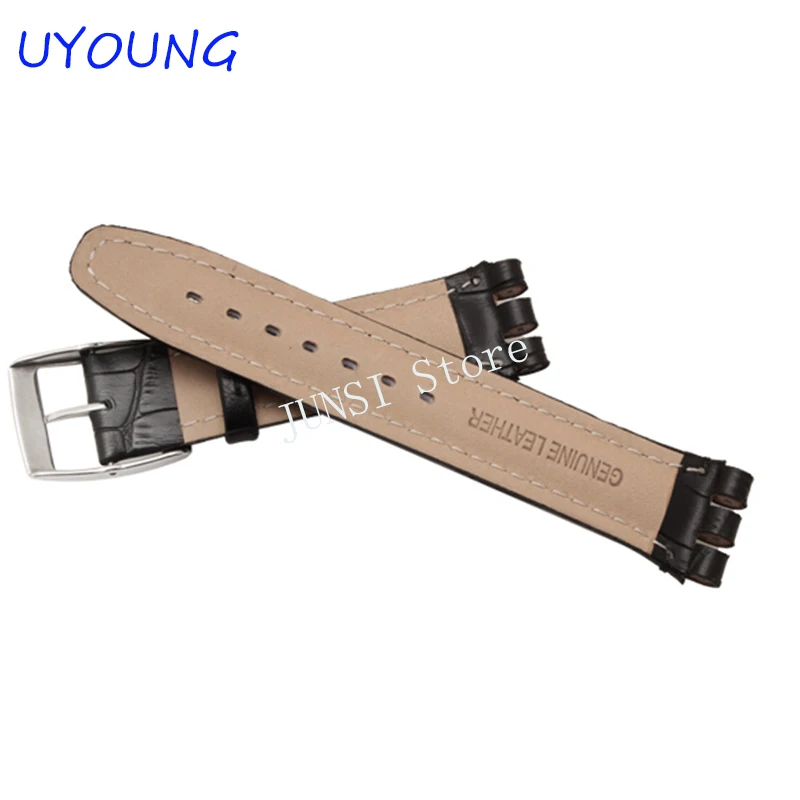 High Quality Luxury Black Brown 17mm 19mm Waterproof Genuine Leather Watch Strap Band For Swatch Alligator Pattern Leather Belt