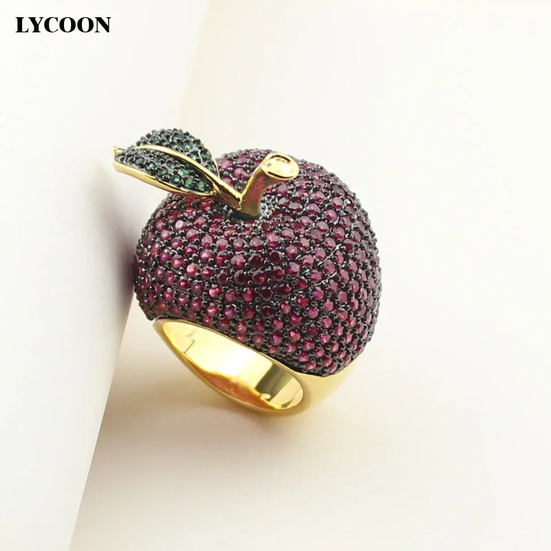 LYCOON elegant crystal apple rings food style yellow gold-color luxury prong setting rose red/green Cubic Zirconia for women