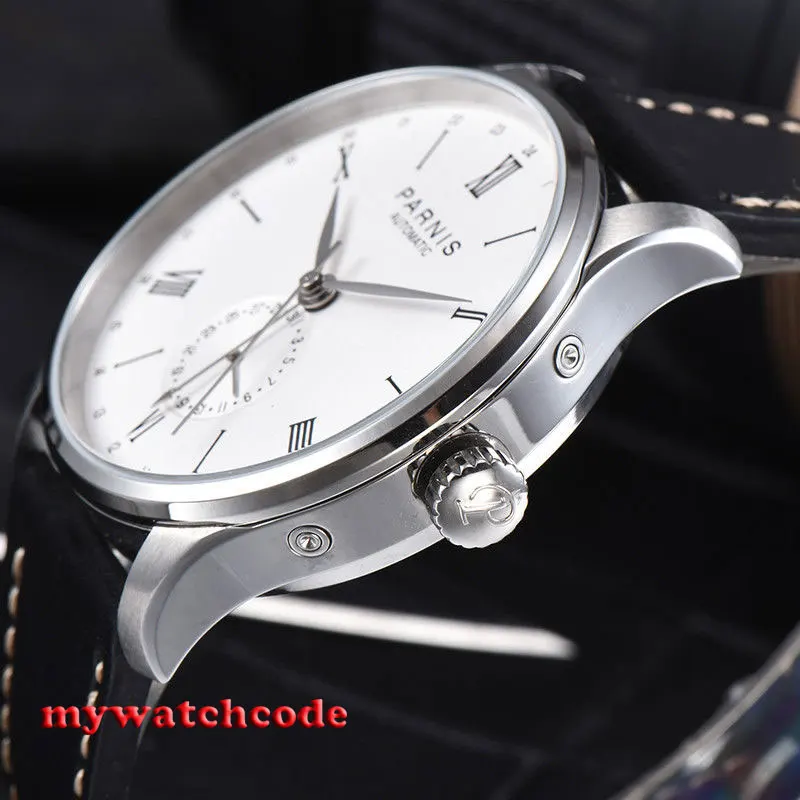 42mm Parnis White Date 24 Hours Handset ST1690 Automatic Movement Men Watch Leather Strap Glass Back 951