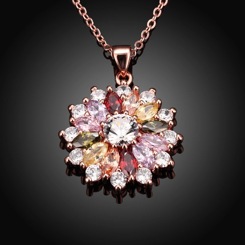 Rose Gold Color Pendant Necklaces for Women Girls,Plated Gold Multi Color AAA Cubic Zircon Flower Necklace Women\'s Jewelry