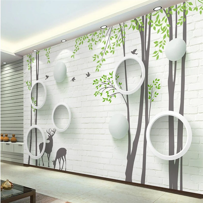 

beibehang Custom Photo Wallpaper Stick 3d Modern Simple Brick Wall Elk Circle Abstract Tree Flying Bird Background Wall