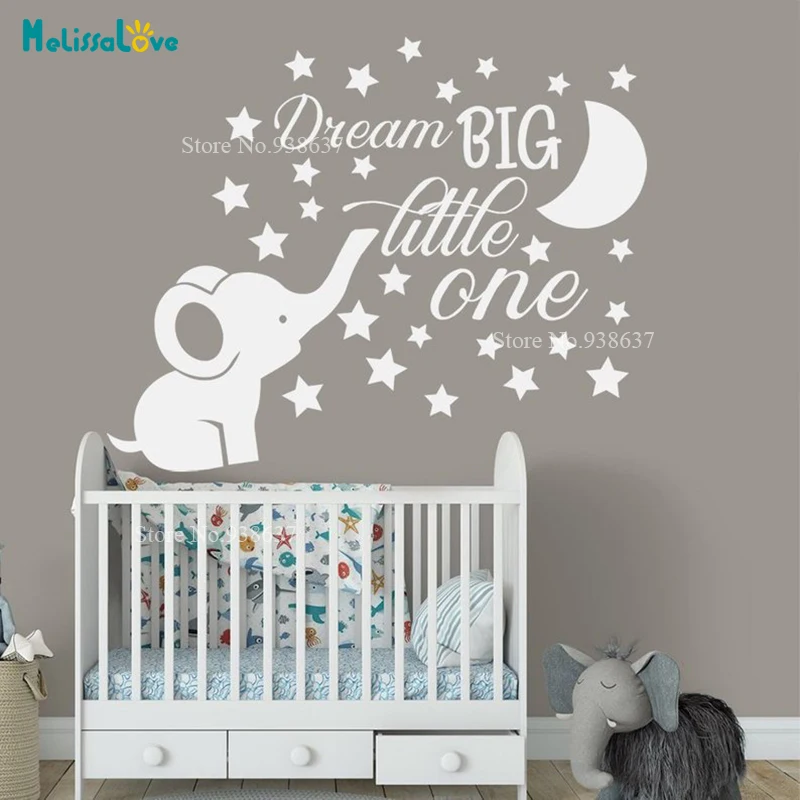 Dream Big Little One Quote Decor Cute Elephant Moon Star Baby Kids Room Decal Nursery Removable Vinyl Wall Sticker BA048