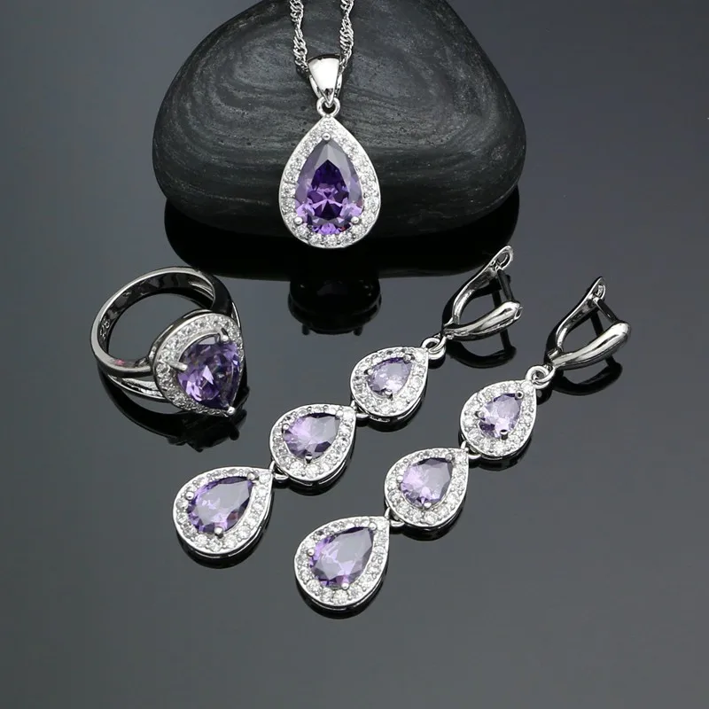 925 Silver Bridal Jewelry Sets For Women Purple Cubic Zirconia White Crystal Ring Pendant Necklace Long Earrings Sets