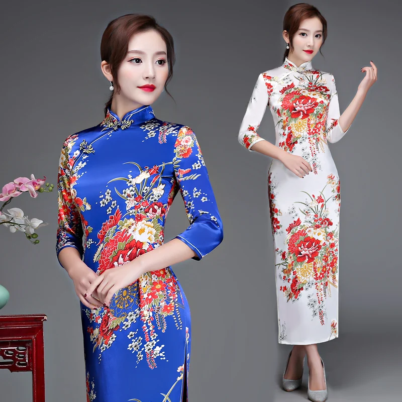 Hot Koop Chinese Dames Zijde Rayon Cheongsam 2018 Nieuwe Lange Qipao Nieuwigheid Avondfeest Jurk Vintage Bloem SML XL XXL 3XL