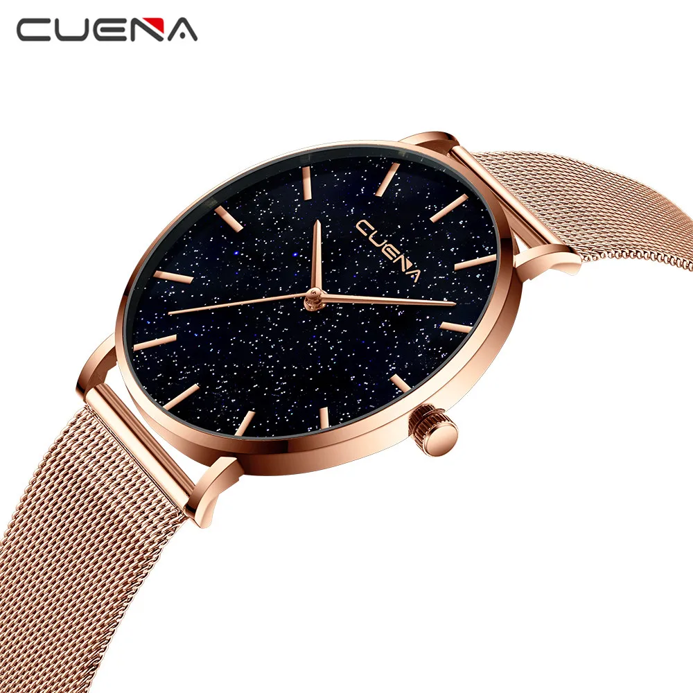 Relojes de oro rosa de diamante de lujo para mujer, reloj de pulsera de cuarzo de malla magnética, reloj de cielo estrellado para mujer