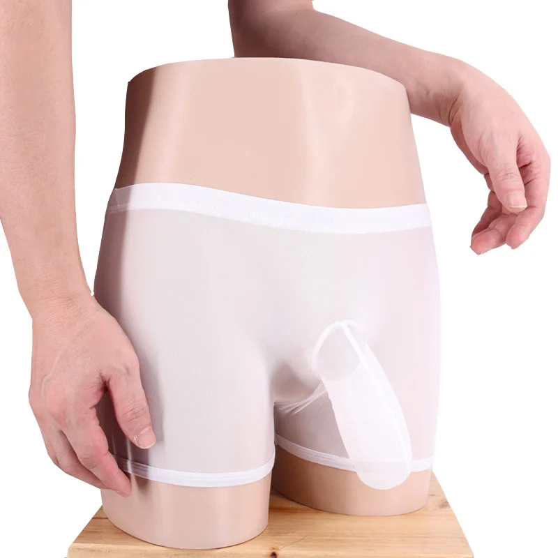 The Hot Sexy Mens Transparent Mesh Lingerie Boxer Underwear with Elephant Bulge Black White Color For Man Gay