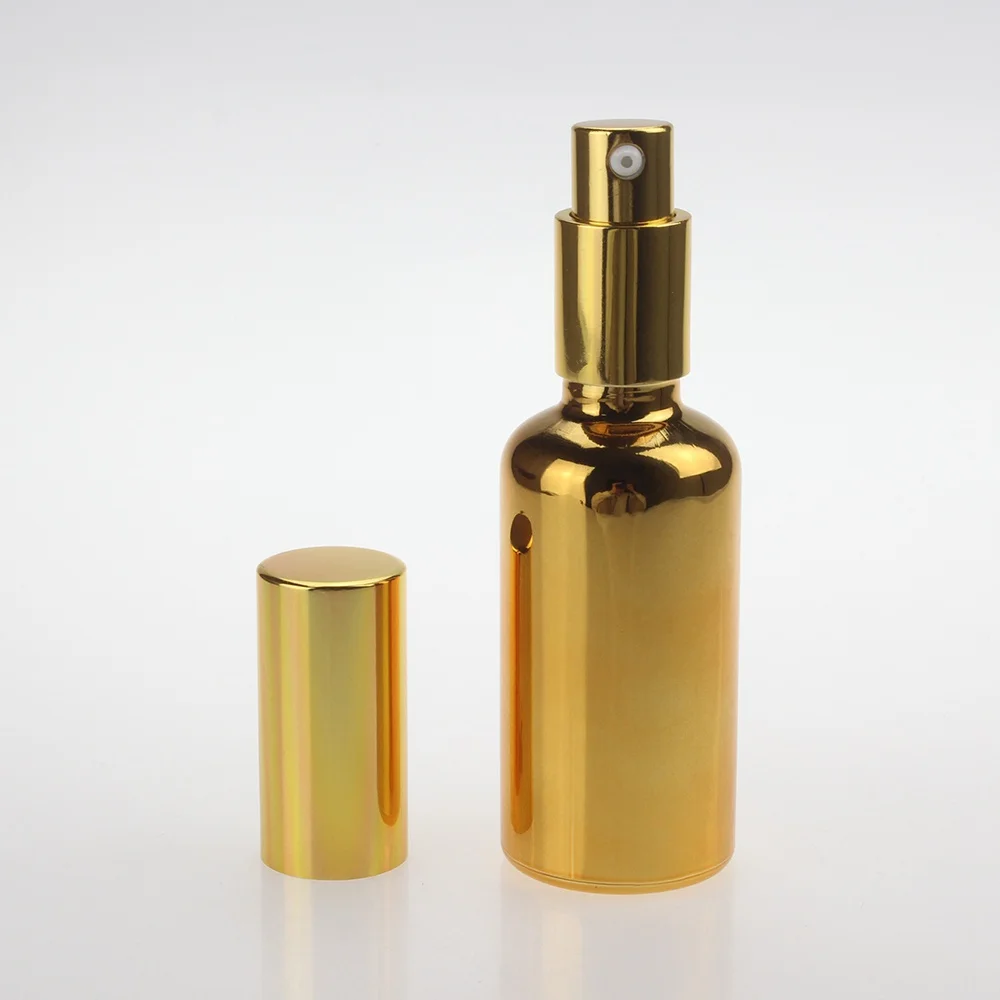 

Hot Sell Gold And Silver Color UV Coating 50ml Lotion Bottle With Pump, Empty Glass Cosmetic Lotion Bottle