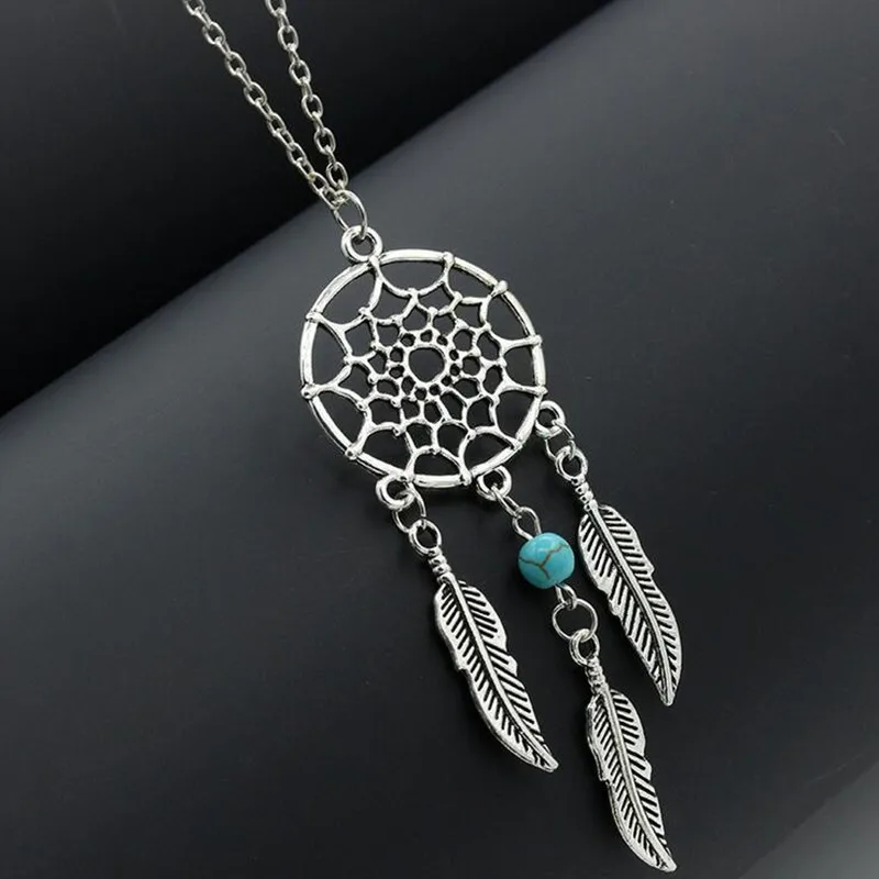 New Dream Catcher Pendant Necklace Feather Blue Beads Women Chain Necklaces Bijoux Collares Fashion Jewelry Wholesale Party Gift