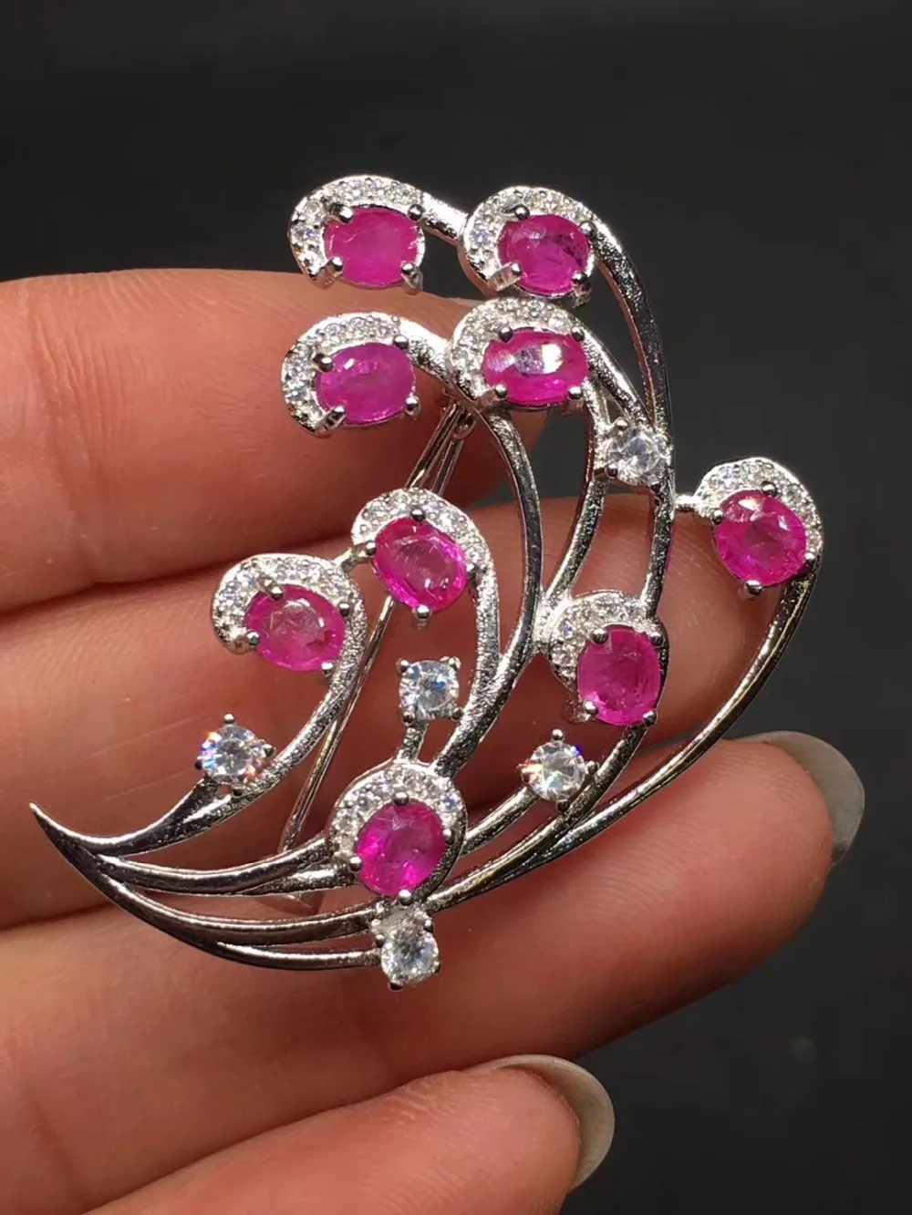 Ruby brooch Free shipping Natural real Ruby 925 sterling silver brooch Flower 4*5mm 9pcs gemstone