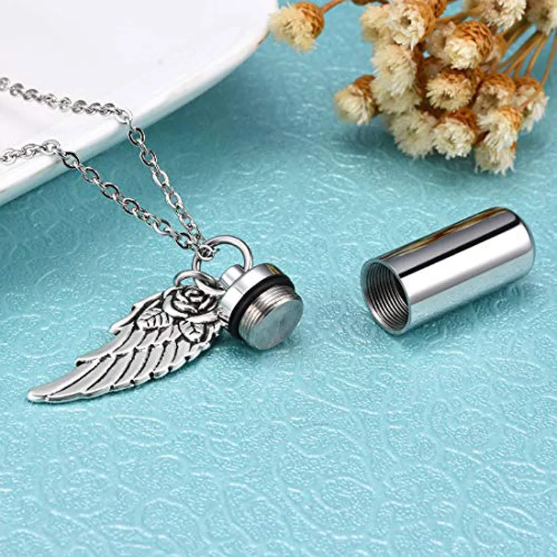 Pretty Rose flower angel wing Charm Cremation jewelry Cylinder Ash Urn Pendant Memorial Pet/Human Ashes Necklace Stainless Steel