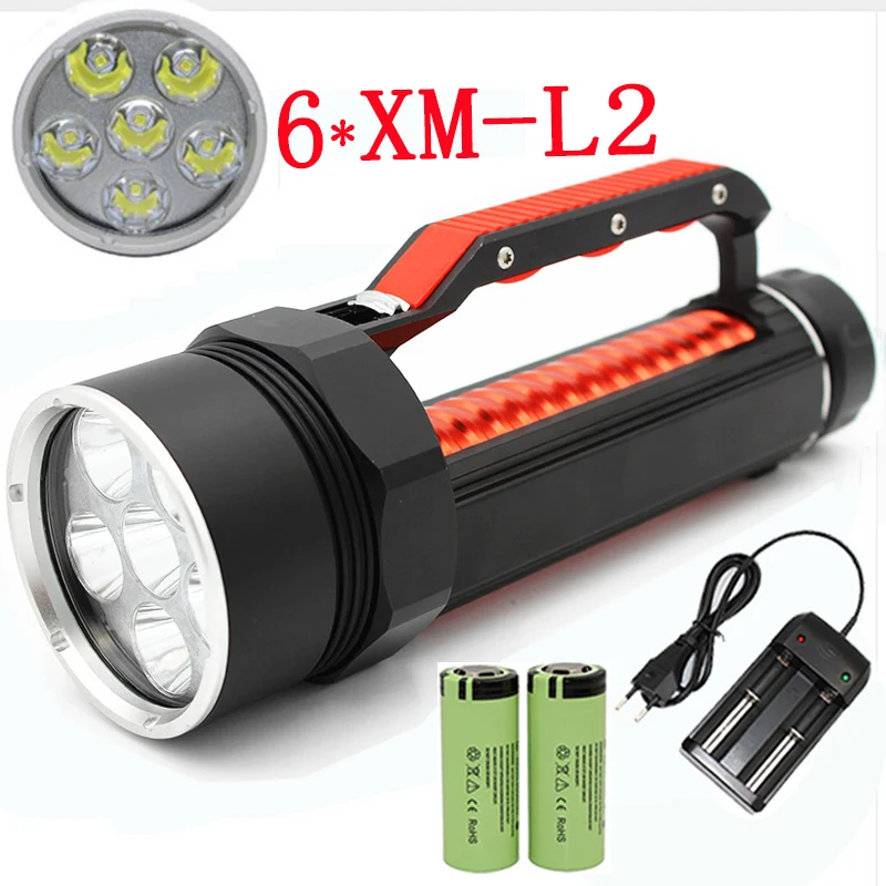 Diving torch 6x  XM-L2  stepless dimming 6000LM diving flashlight underwater spearfishing lamp light 26650 +Charger