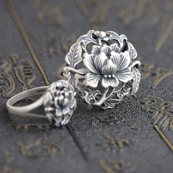 BOCAI New Real S925 Pure Silver Woman Ring Fashionable Peony Flower Open Size Version Valentine's Day Gifts