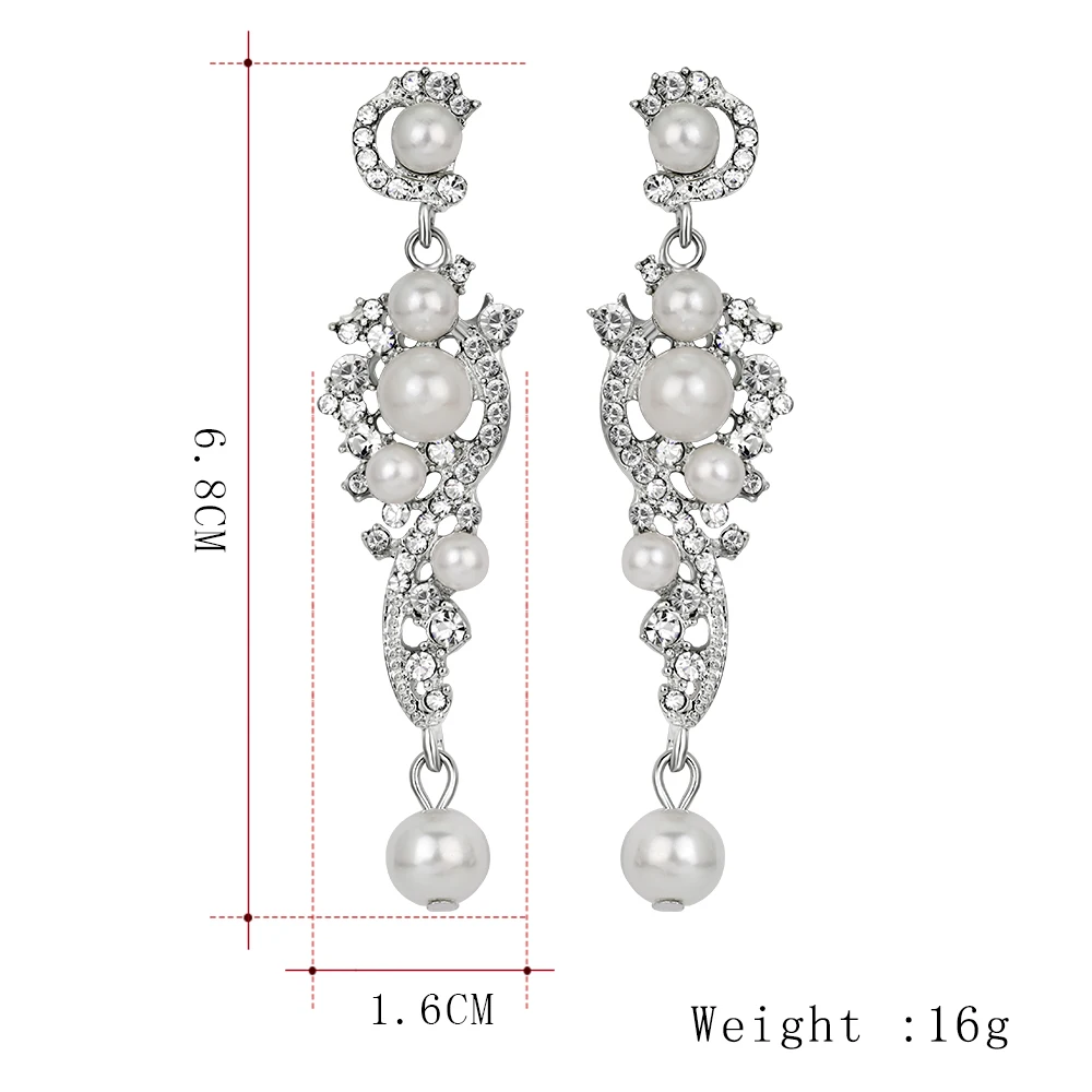 BLIJERY Elegant Simulated Pearl Long Drop Earrings Silver Color Crystal Floral Bridal Dangle Earrings for Women Wedding Jewelry