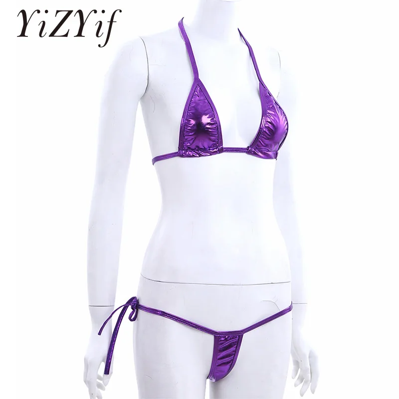 

YiZYiF Women Sexy Metallic Bikini Set Bra Top With Thongs Sexy Swimsuit Swimwear Set Halter Neck Top with G-string beach wear