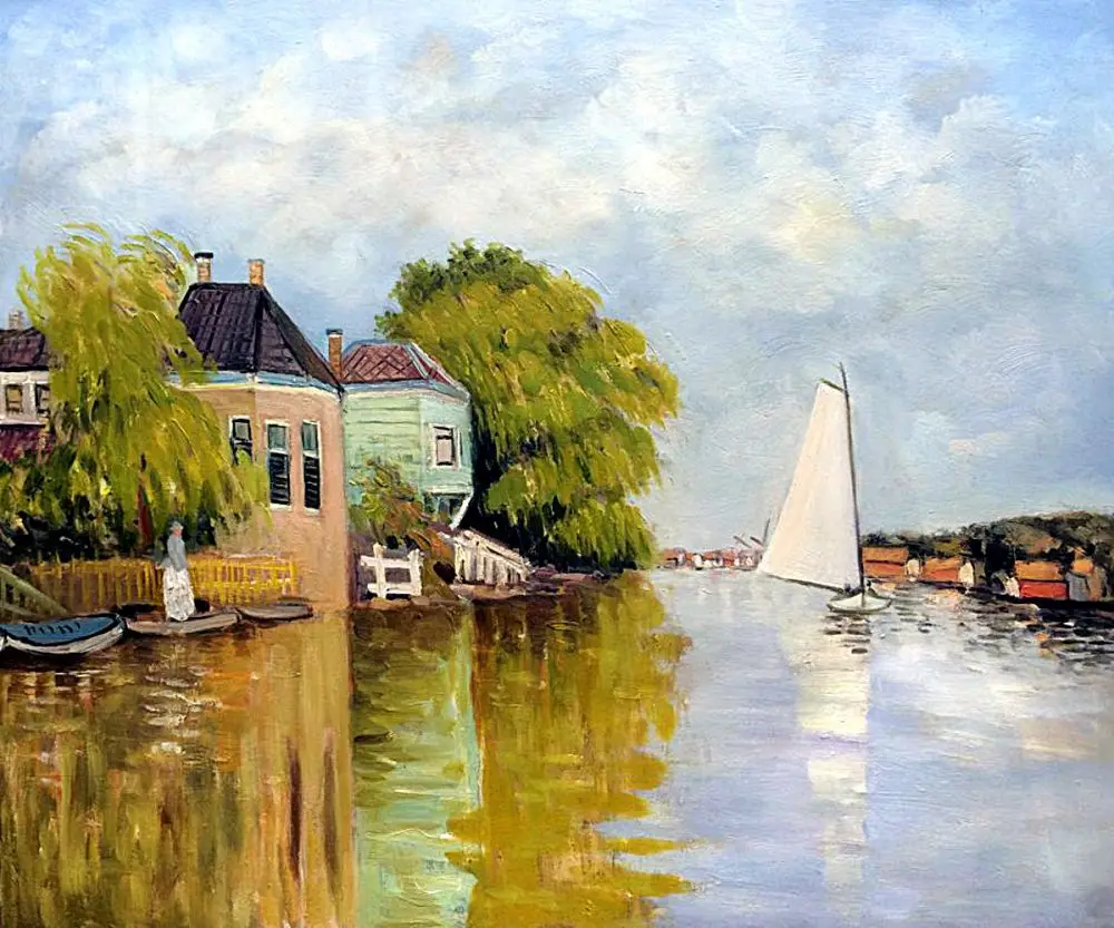 Houses on the Achterzaan Claude Monet Painting Handmade Landscape Oil Painting Home Decor Canvas Art for Living Room Frameless