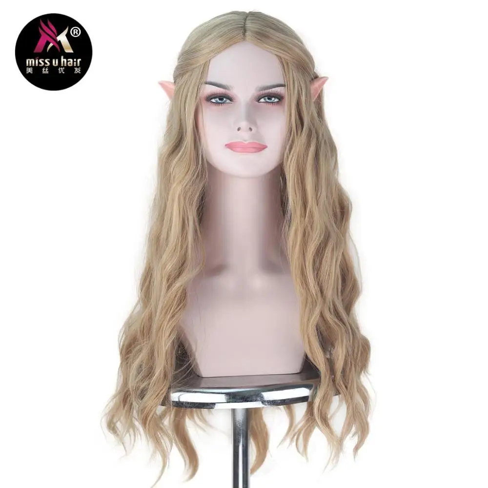 

Miss U Hair Synthetic 70cm Long Wavy Women Hair Golden Blonde Color Halloween Movie Cosplay Wig with Elf Ears