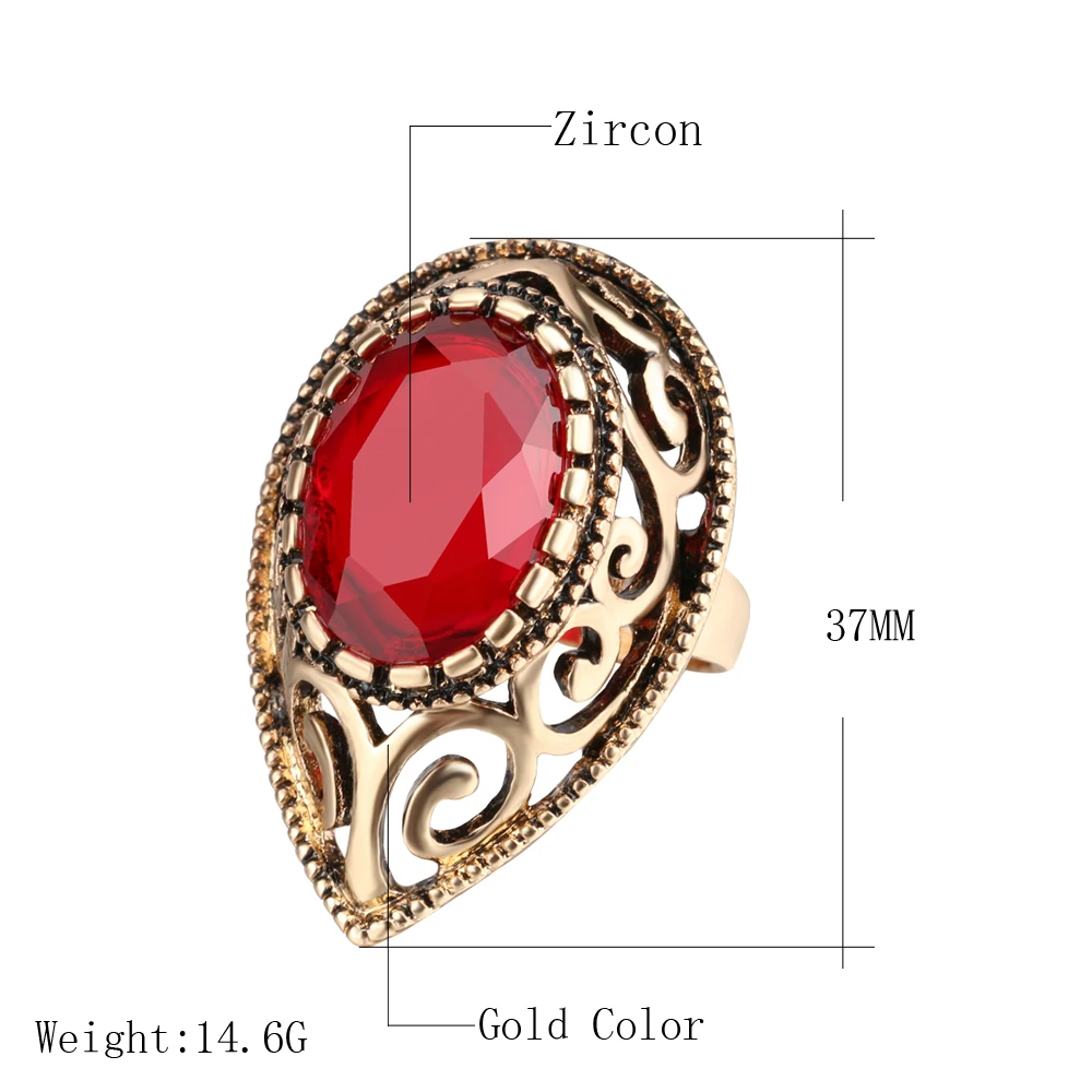 Vintage Indian AAA Cubic Zircon Antique Gold Finger Rings For Women Hollow Water Drop Ring Female Bohemian Turkish Jewelry