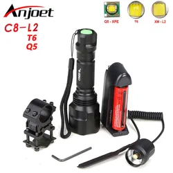 Anjoet-linterna táctica XML-T6 L2 Q5 LED, luz Flash de aluminio para caza al aire libre, 1/5 + cargador + soporte para pistola, 18650 modos