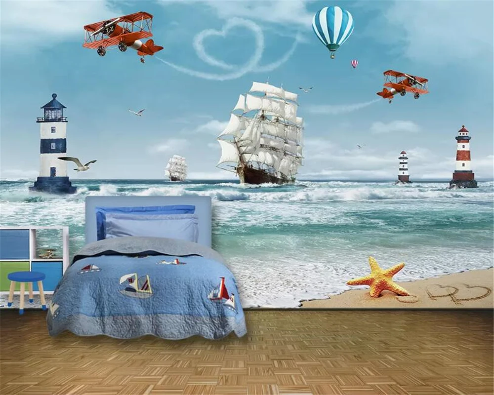 

Custom Wallpaper Sailboat hot air balloon lighthouse Blue sky White clouds Children's room Background 3d wallpaper