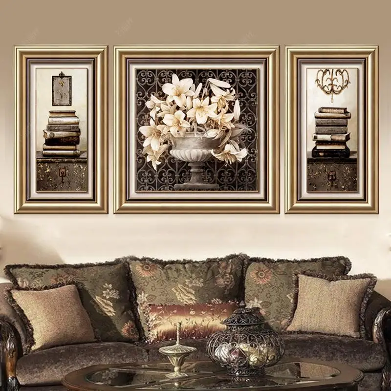 2018 New American Retro Triptych Diamond Cross Stitch Lily Flower Full Drill Living Room Bedroom Diy Diamond Embroidery