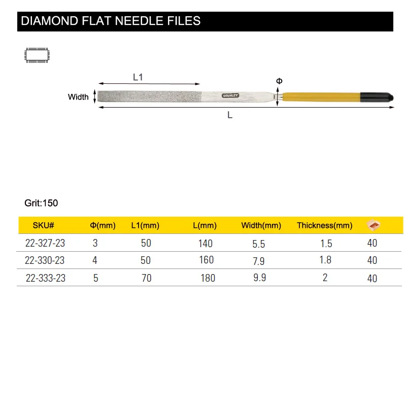 Stanley aiguille à diamant 140mm 160mm 180mm, lime plate, outil de finition, grain 150, lime à main de meulage stl métal bois outils de travail 1