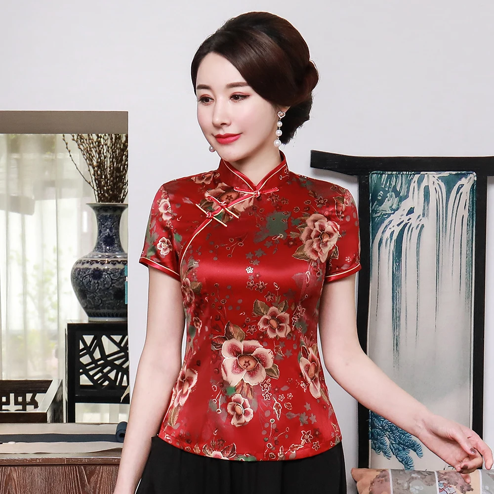 Chinese Women Print Blouse Plus Size 3XL 4XL Elegant Female Tang Top Short Sleeve Vintage Shirt Mandarin Collar Tops A0101