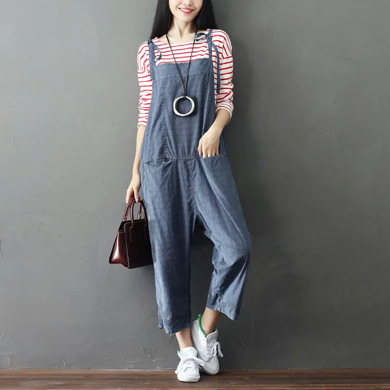 Vrouwen Gedrukt Loose Enkellange Jumpsuits dames Casual Retro Vintage gewassen Patroon Overalls Vrouw Rompertjes Broek broek