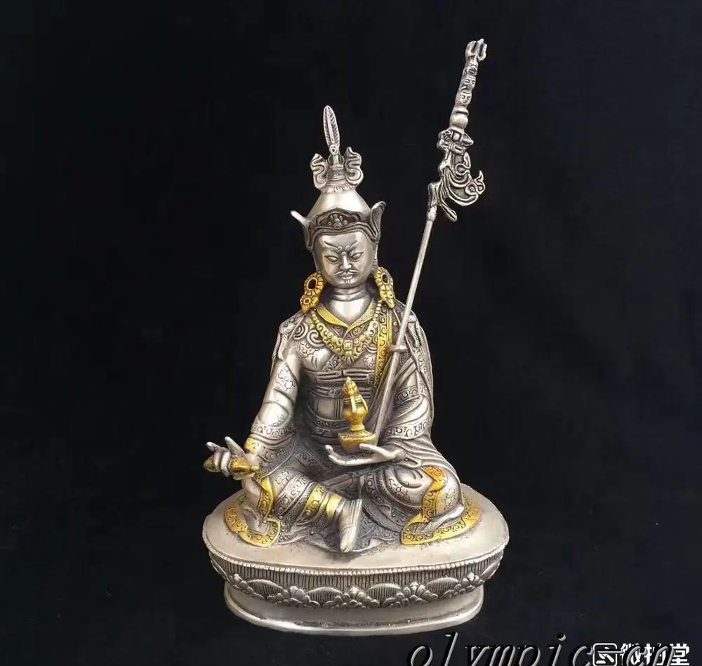 

8''Tibetan Silver gold plating carved lotus buddhism Guru padmasambhava buddha