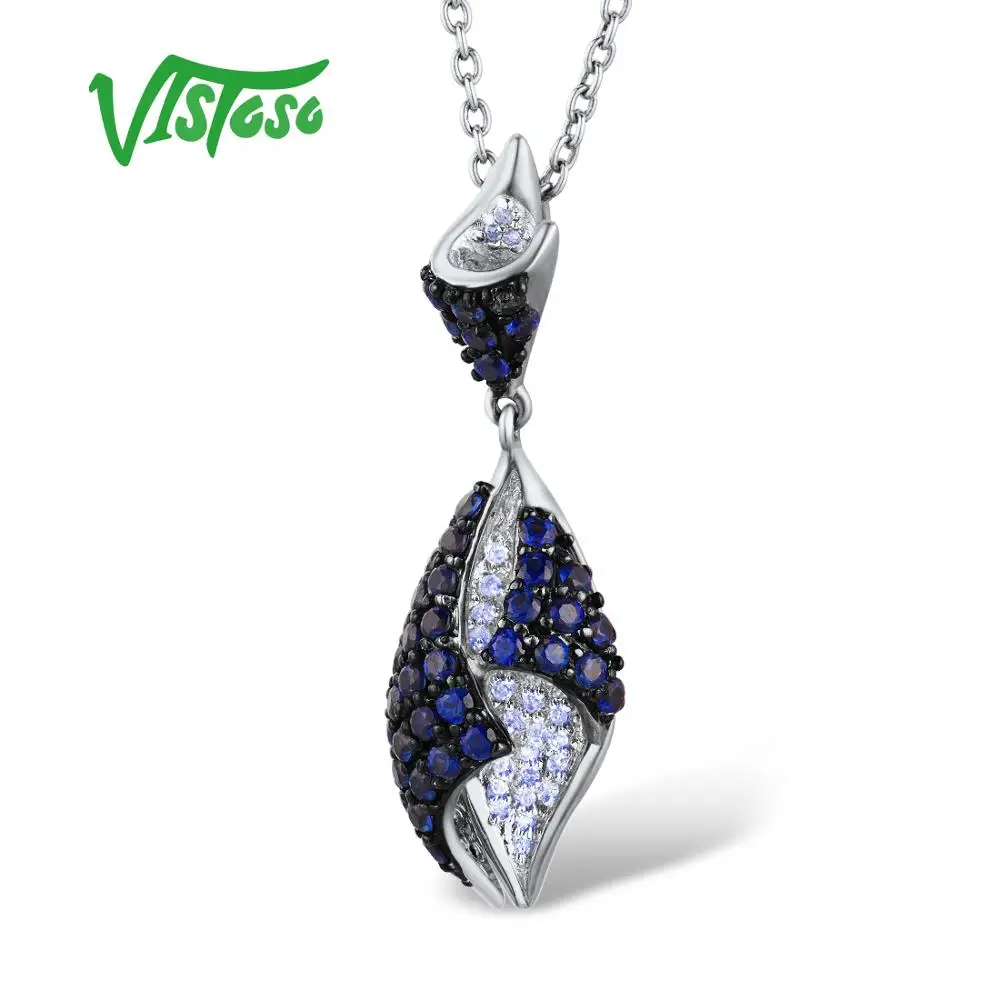 VISTOSO Gold Pendant For Women Genuine 14K 585 Rose White Gold Sparkling Diamond Blue Sapphire Delicate Wedding Fine Jewelry