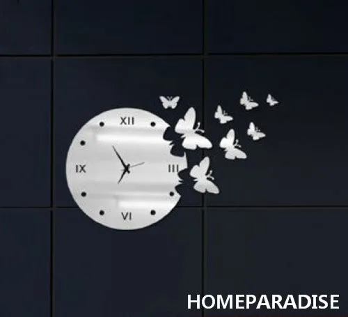 8pcs Black Butterflies Art Modern Luxury Design DIY Removable 3D Crystal Mirror Wall Clock Wall Sticker Living Room Decor