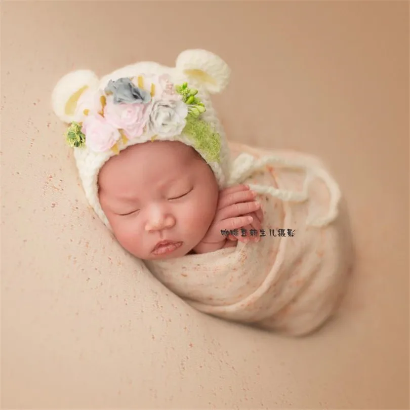 

Cream color Newborn baby girl bonnet hat photography props Handmade knitted baby hat Newborn bonnet photo props