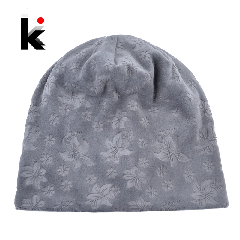 

Autumn Winter Hats For Women Soft Embossing Flowers Bonnet Caps Ladies Double Layer Warm Skullies Beanies Female Gorro Touca Hat