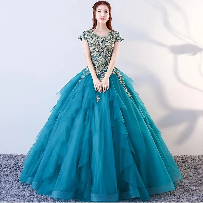 Abiti da Quinceanera lunghi di lusso "shen con maniche corte In Stock Appliques In rilievo abiti da ballo debuttanti abiti Anos 2020