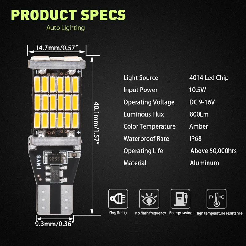 Katur 2x T15 W16W LED Reverse Light Bulbs 920 921 912 Canbus 4014 45SMD Orange LED Backup Parking Light Lamp Bulbs DC12V BA15S