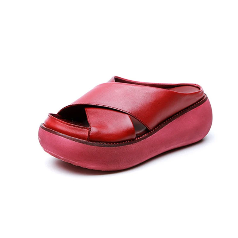 Women's Platform Slippers Summer Shoes 2019 Genuine Leather Retro Ladies Shoes Mother Handmade Summer Slippers For Woman Shoe