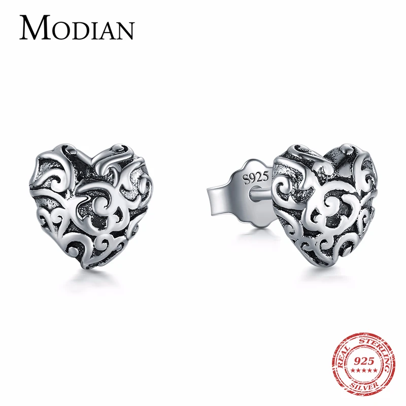 

Modian Authentic 925 Sterling Silver Vintage Hearts Line Romantic Stud Earrings For Women Small Charm Fashion Christmas Gift