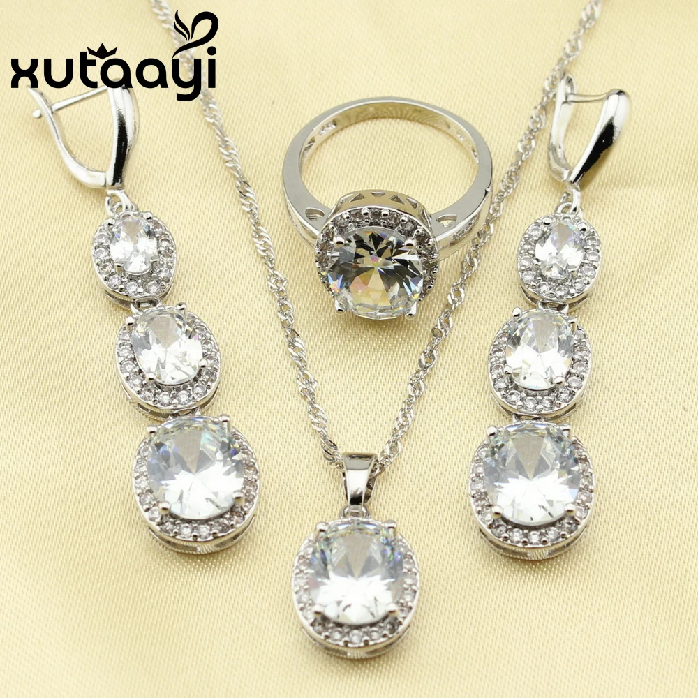 XUTAAYI Jewelry Sets Round White CZ Silver Color For Women, Necklace Pendant Bracelets Long Drop Earrings Rings Free Gift Box