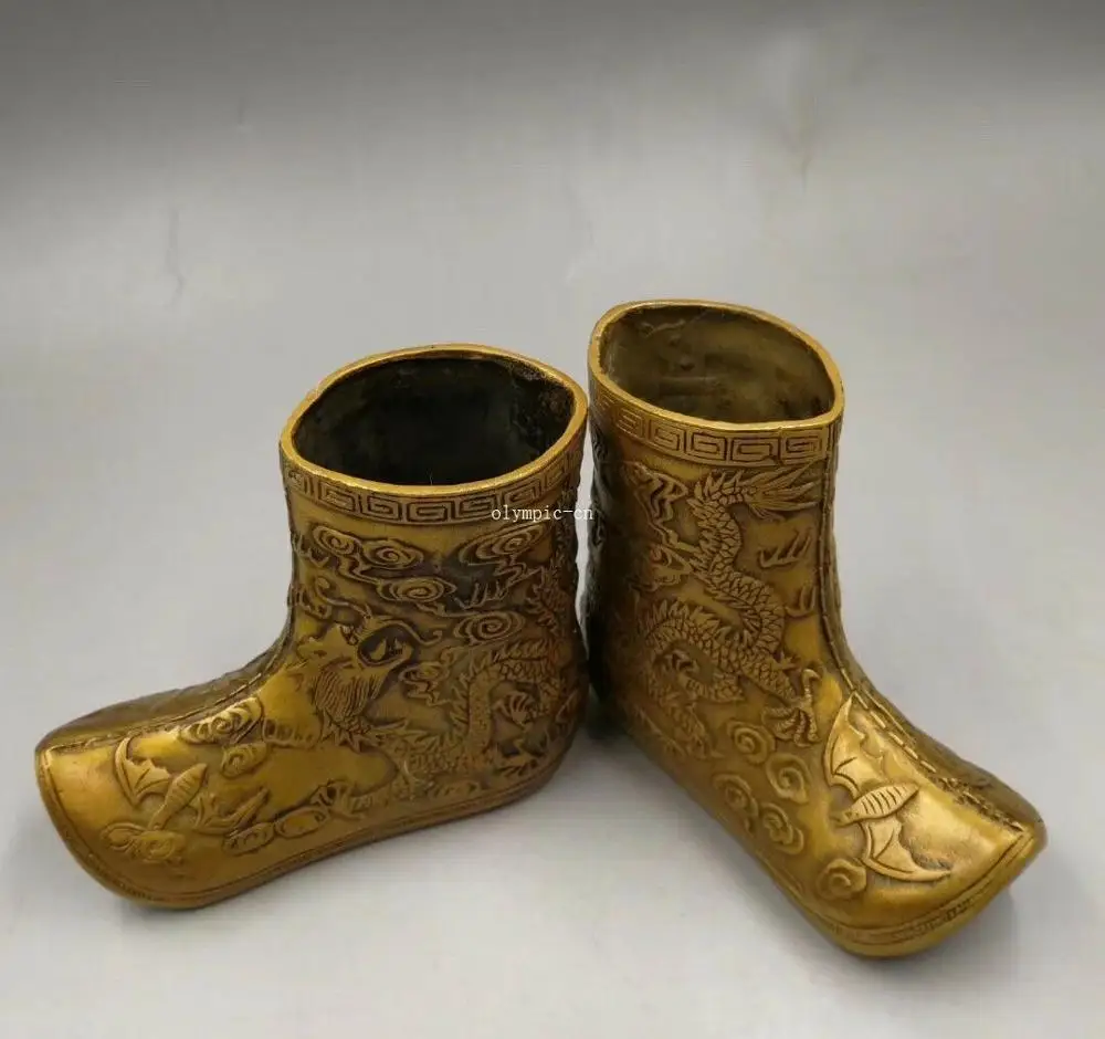 Pair copper brass carved auspicious animal beast dragon shoes boot statue