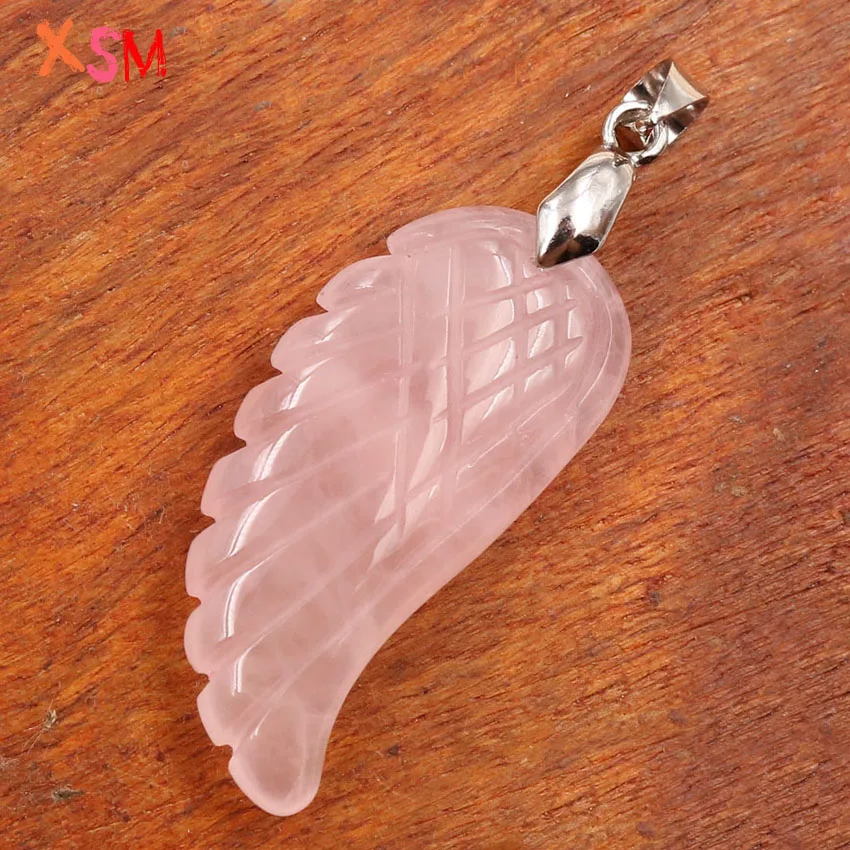 xinshangmie Natural Stone Rose Pink Quartzs Bead Carved Angel Wings Feather Pendant Charm Fashion Jewelry Gift 1PCS