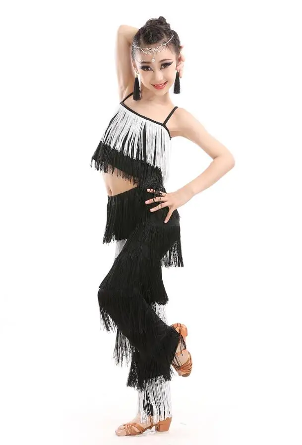 Samba tassel Latin dancewear costumes Girls Salsa ballroom Fringe trim dance Tops&Pants costume Adult Ballroom dancing dress