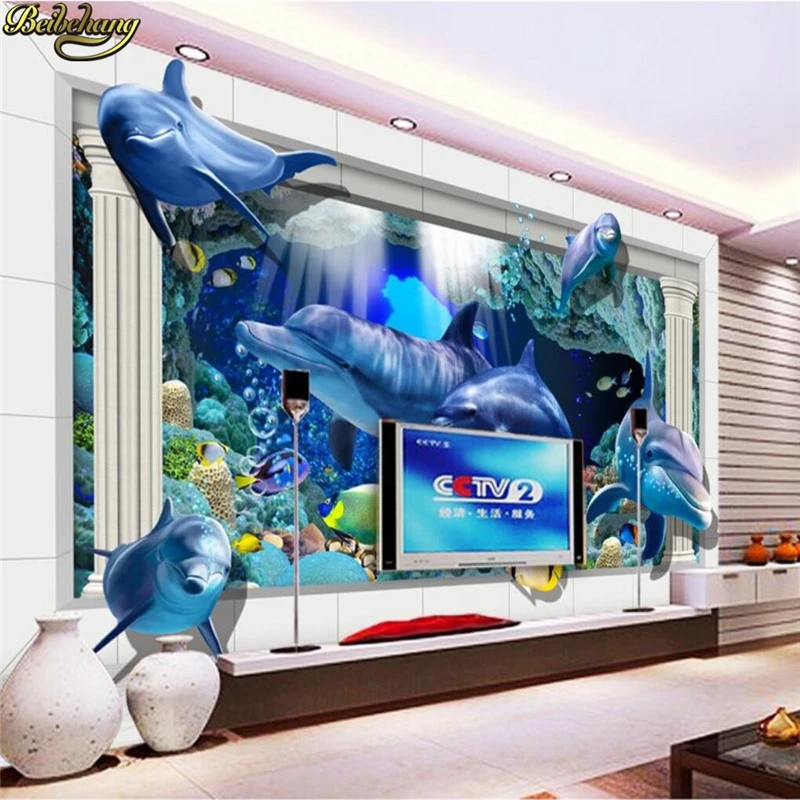beibehang Custom Wallpaper for living room Large Mural Wall Stickers Underwater World 3D Dolphin TV Walls papel de parede 3D
