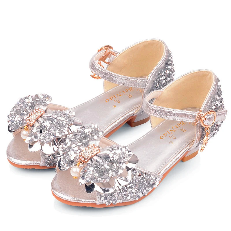 Children Crystal Bow Shiny High Heels Sandals For Girls Weddings Girls Sandals Crystal High Heel Shoes Banquet Pink Gold Silver