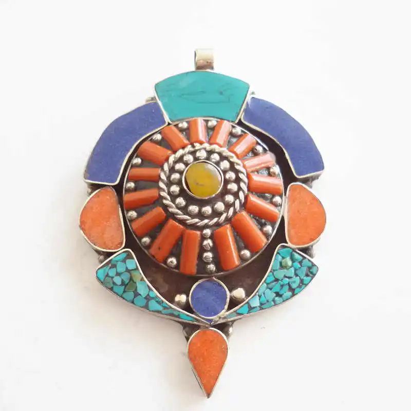 Genuine Tibetan Jewelry Copper Inlaid Colorful Stone Big Pendants TBP527