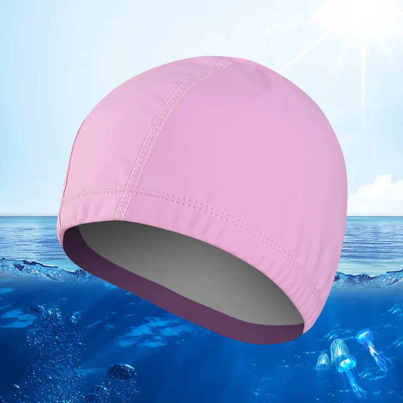 Elastic Waterproof PU Coating Swim Caps Swim Pool Unisex Swim Hats Free size Men Women Ears Protection Swimming Cap Silver Pink