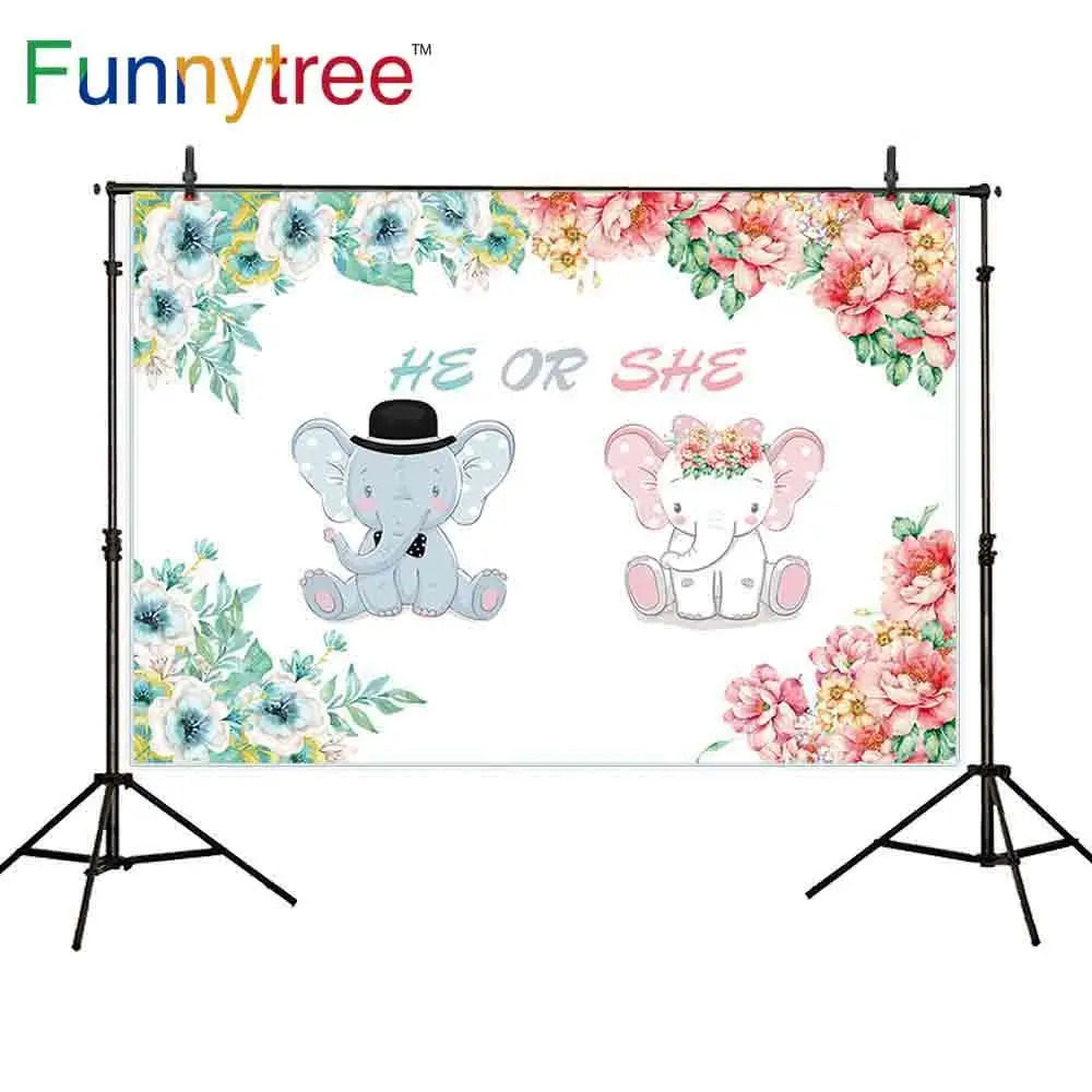 Funnytree backdrop for photographic studio boy or girl gender reveal party elephant flowers baby background photobooth photocall