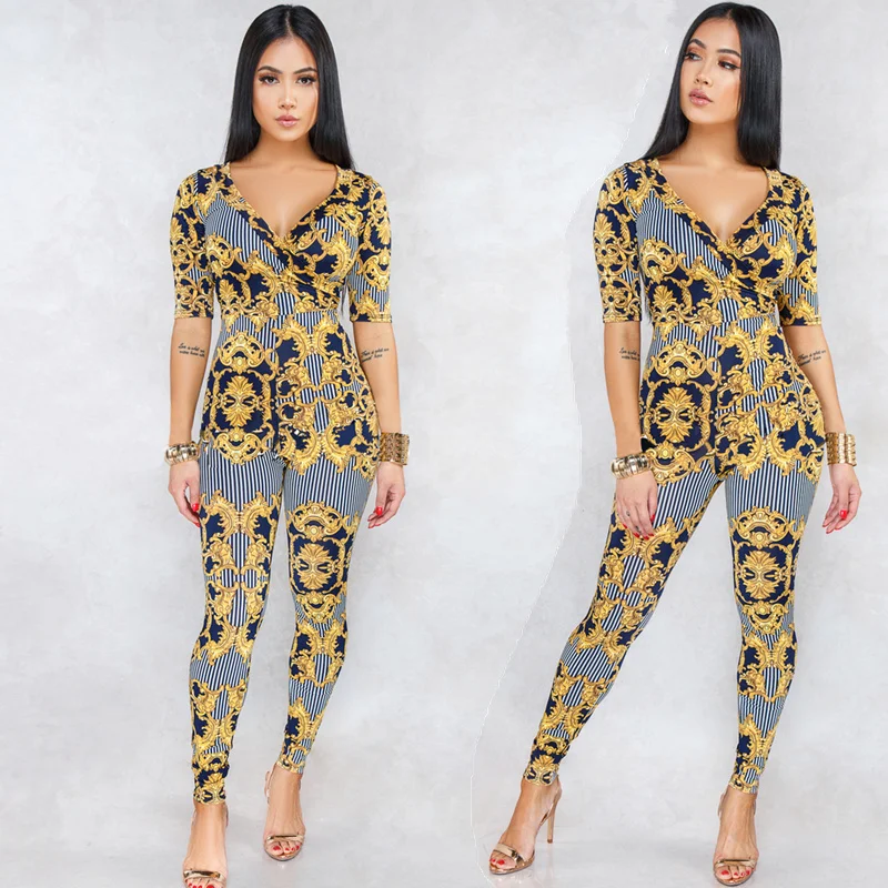 Golden Floral Print Deep V Neck Jumpsuit Women Casual Midi Sleeve Bodycon Rompers Jumpsuit Boho Overall Sexy Bodysuit Culdwear