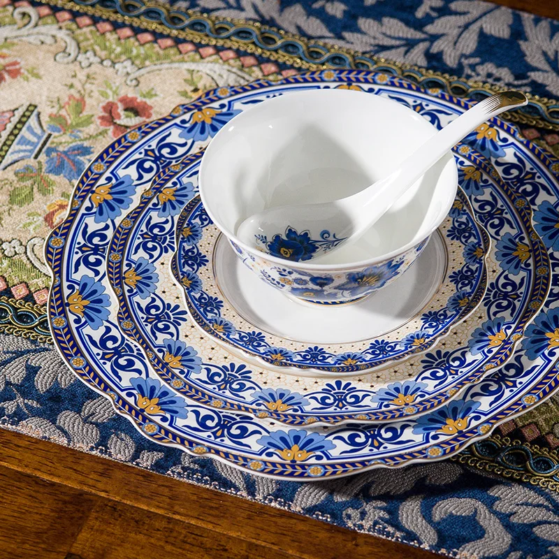 American Cutlery Vegetable Plate Household Rice Plate Ceramic Plate Set European Blue and White Enameled Bone Porcelain Fis